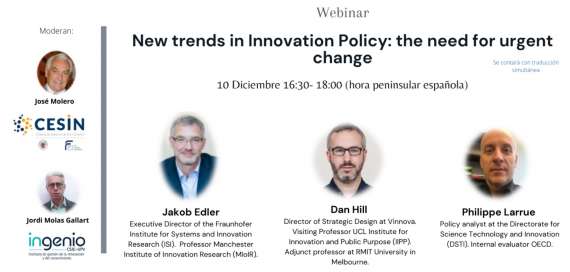 El 10 de diciembre de 2020, CESIN e INGENIO (CESIC-UPV) organizaron webinar sobre políticas actuales de innovación